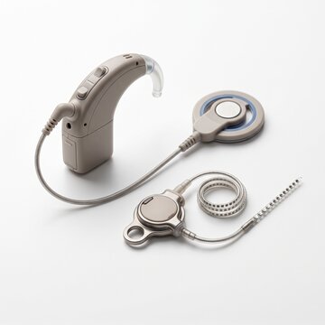 Cochlear implant system with sound processor and electrode array on white background. Medical hearing device components for deafness treatment.