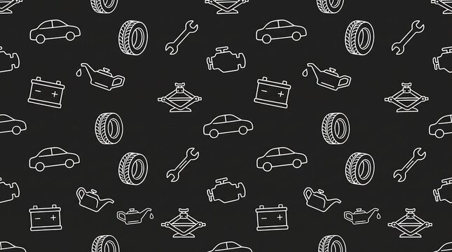 A seamless pattern of hand-drawn automotive repair and maintenance icons on a dark textured background.