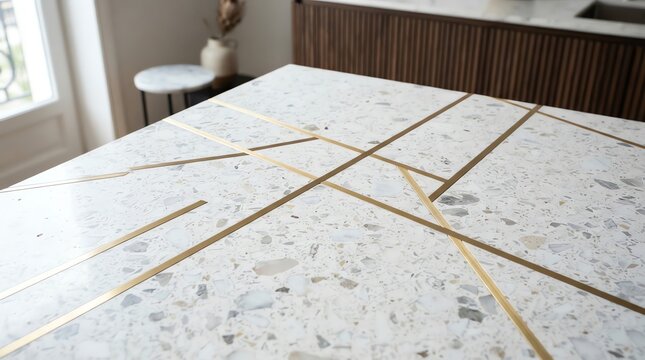 White terrazzo tabletop with gold geometric lines
