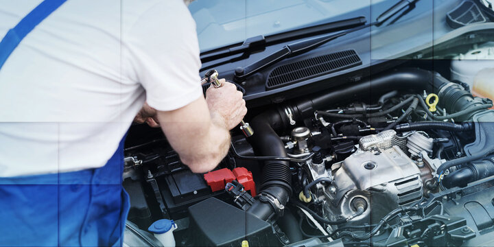 Car mechanic working on car engine, geometric pattern