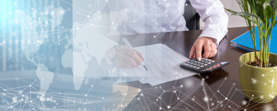 Woman doing her accounting; panoramic banner