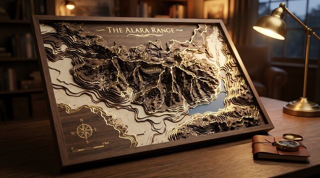 Wooden topographic mountain map on a desk