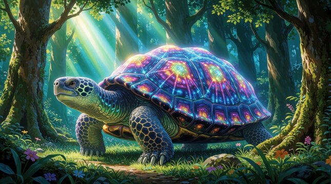Giant turtle with glowing shell walks through sunlit forest. Magical creature emerges from green woods with ethereal light beams. Fantasy animal in lush nature.