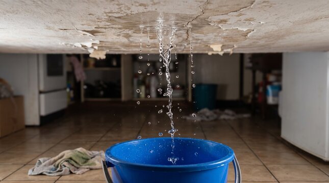 Water leaking from damaged ceiling into a blue bucket on kitchen floor during plumbing emergency