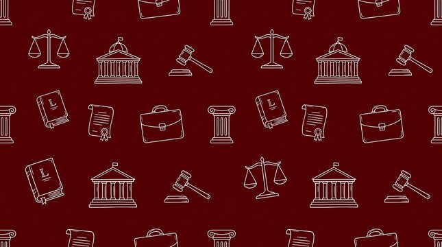 A seamless pattern of legal and justice-related icons on a dark red background, featuring scales of justice, gavels, court buildings, briefcases, and books.