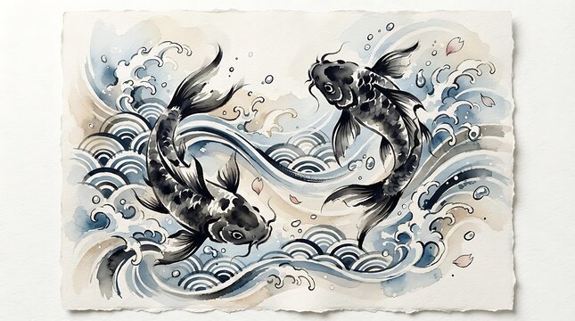 Watercolor painting of two black koi fish swimming in waves