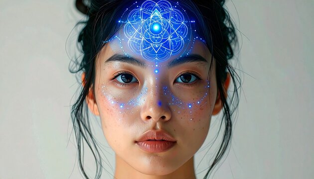Portrait of a woman with glowing digital third eye and facial light patterns