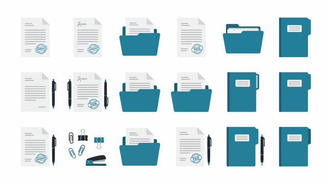 Vector business document icons with approved stamps, teal folders and office stationery, symbolizing professional administrative organization and representing corporate workflow management