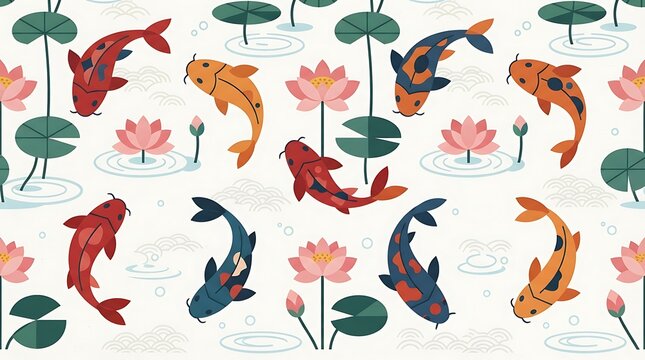 Pattern of colorful koi fish and lotus flowers on water