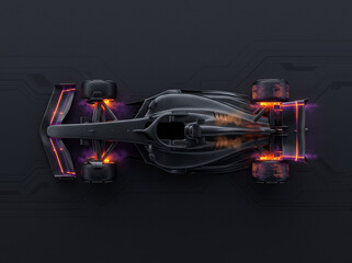 Obraz premium black formula one bolide is shown top view with bright fiery glows on wheels and body elements in a futuristic style of high tech blueprint and digital graphics