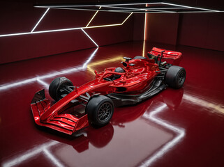 Obraz premium red formula one sports bolide is positioned in a stylish studio with geometric neon ceiling lights and a glossy red floor highlighting power and elegance of motorsport
