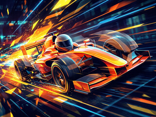 Obraz premium formula 1 race car speeds along the track at high speed leaving bright sparks and dynamic motion lines in a futuristic style