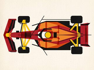 Obraz premium geometric blueprint of a formula 1 race car in top view executed in a minimalistic graphic style with contrasting orange and red tones