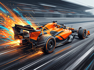 Obraz premium orange formula 1 race car speeds down the track at maximum velocity venting bright flames and dazzling sparks from the exhaust system