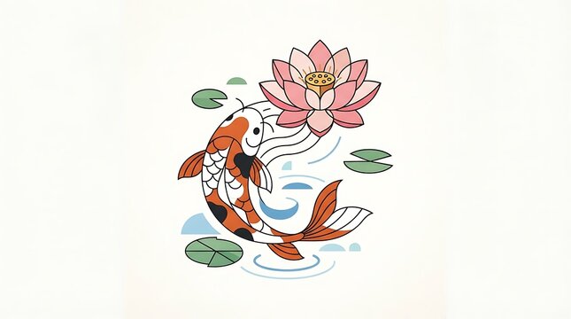 Koi fish swimming near pink lotus blossom