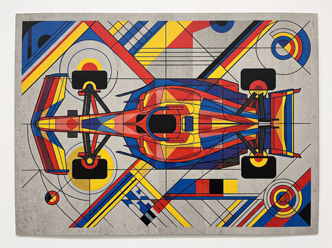 artistic abstract composition depicting a formula 1 race car diagram from top view in constructivism style with colorful geometric shapes