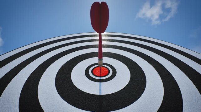 Business target and mission success, Zoom Out low angle shot of red dart hitting bullseye target concept. 3d animation.