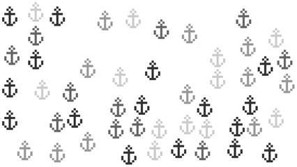 Nautical Pixel Art Seamless Pattern with Grey Anchors on White Background © Trang