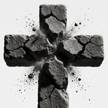 Cracked stone cross exploding into dust and rubble. Crumbling monument against white backdrop, symbolic of decay and broken faith. Dramatic, minimal composition.