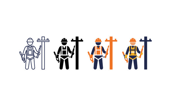 Minimalist lineman icon set featuring electric worker symbols in multiple color styles