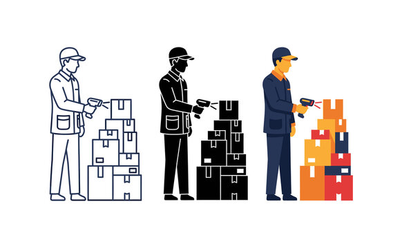 Flat vector delivery man scanning cardboard boxes with barcode reader in three styles
