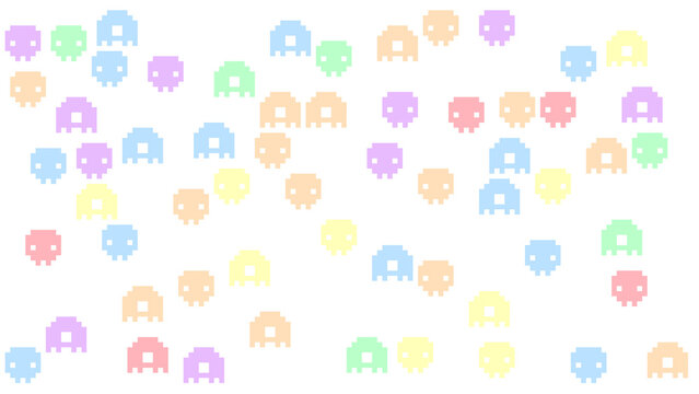 Cute Pastel 8-Bit Pixel Art Space Invaders and Arcade Game Monsters Pattern on White Background