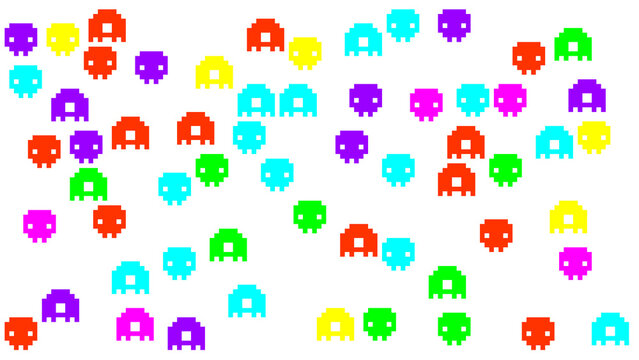 Retro Pixel Art Space Invaders Pattern Colorful 8 Bit Arcade Video Game Elements on White Background