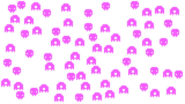 Pink Retro Pixel Art Space Invaders Pattern with Video Game Alien Sprites on White Background