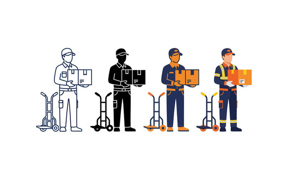 Delivery man holding cardboard box with hand truck in flat vector illustration