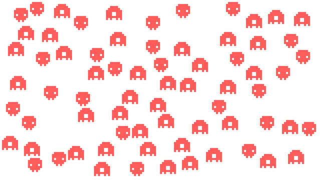 Abstract Retro Video Game Pattern with Red 8 Bit Pixel Aliens on White Background