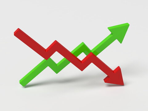 Green arrow pointing up and a red arrow pointing down against a clean light gray background. Ideal for financial, business, or marketing concepts. Chart. 3d illustration.