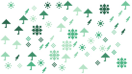 Fototapeta premium Retro Pixel Art Weather Pattern in Green Shades with Umbrellas Suns and Snowflakes on White Background