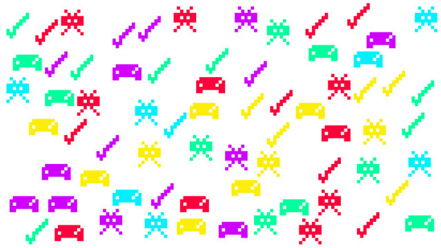 Retro pixel art pattern with colorful video game controllers check marks and arcade monsters on white background