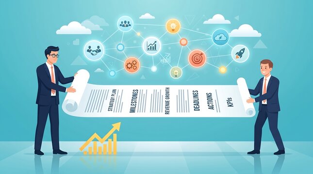 Businessmen presenting a strategy plan with icons and charts for growth and success