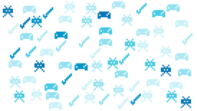 Retro Gaming Pixel Art Pattern with Blue Gamepads Checkmarks and Arcade Icons on White Background