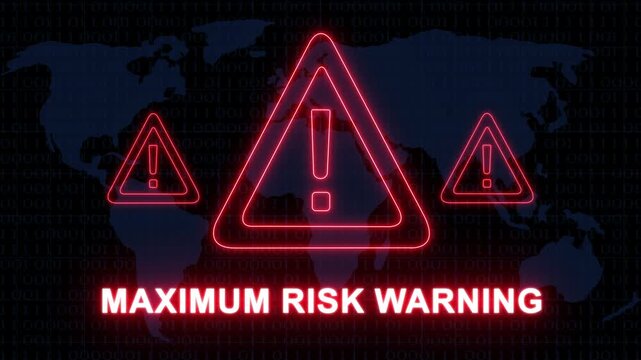Dynamic maximum risk warning motion featuring glowing red neon hazard triangles and digital binary map background, for cybersecurity, financial, crisis, global threat, and critical alert concepts