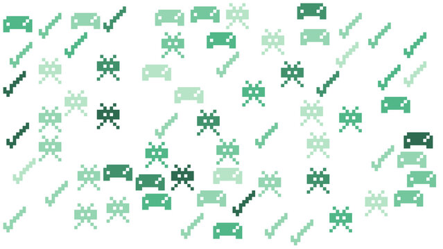 Retro Green Pixel Art Video Game Icons Pattern on White Background