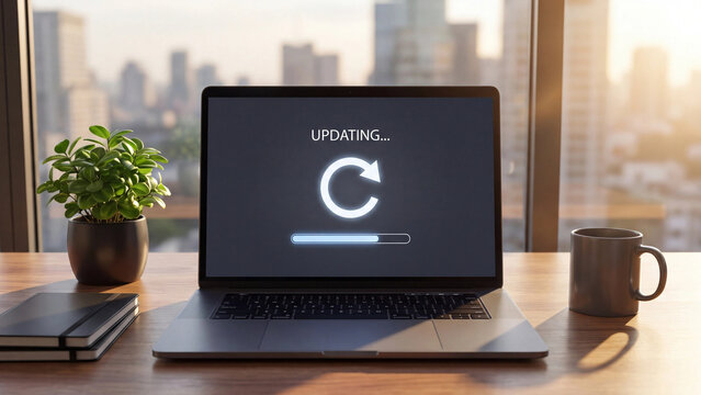 Modern laptop computer screen displays an active system software update progress bar with a bright loading icon for digital technology