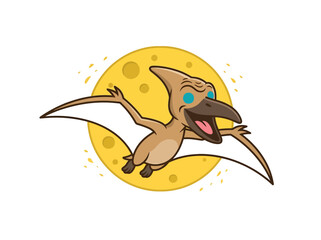 Cartoon Pterodactyl Dinosaur Flying in Front of Moon Mascot © Feby