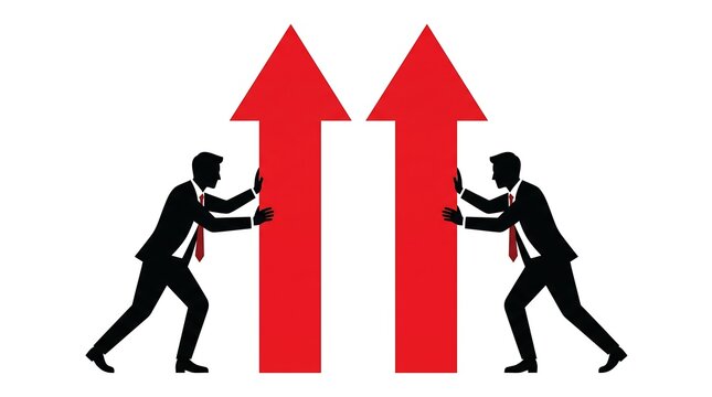 Two businessmen pushing large red arrows representing growth and competition on a white background silhouette