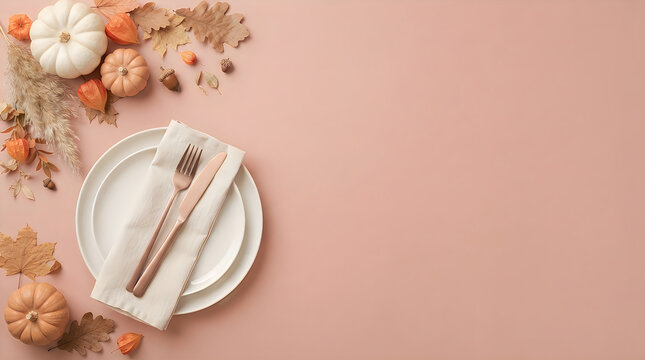 Elegant thanksgiving table setting with white plates gold cutlery autumn leaves and small white pumpkins on a soft pink pastel background flat lay