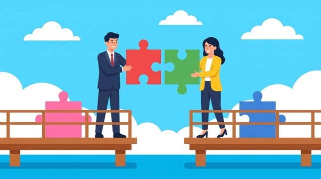 Business people connecting puzzle pieces over a gap symbolizing teamwork and successful collaboration