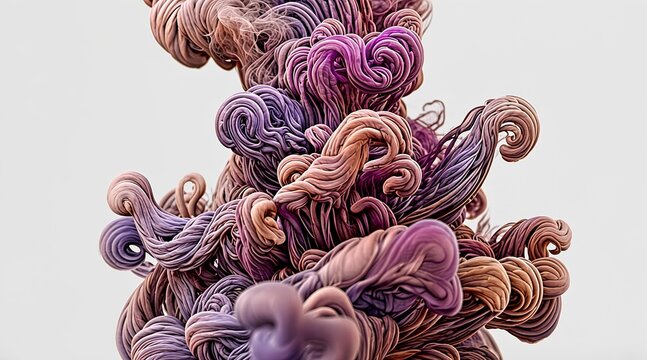 Dynamic abstract form with flowing, interwoven tendrils in soft pastel hues, creating a visually intricate and textural digital art piece