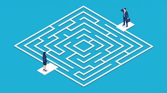 Isometric illustration of a complex white maze with a businessman and businesswoman facing challenges