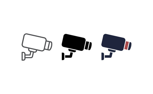 Minimalist security camera icons set featuring outline and flat vector styles on white