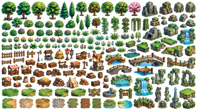 Isometric game assets collection, fantasy environment map elements, 2D RPG world building kit with trees and rocks