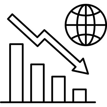 A minimalist black line icon of a decreasing bar graph and downward arrow, symbolizing economic recession, market crash, and negative business growth.