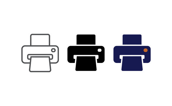 Minimalist printer vector icons in outline solid and colorful styles set on white background