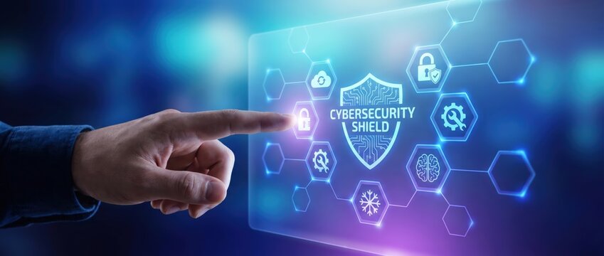 Abstract representation of cybersecurity concepts with a hand interacting with a digital shield and icons symbolizing protection in the tech industry.