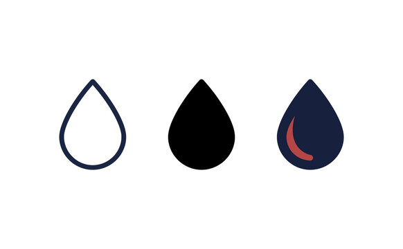 Minimalist water droplet icons featuring outline solid and shaded styles on white background